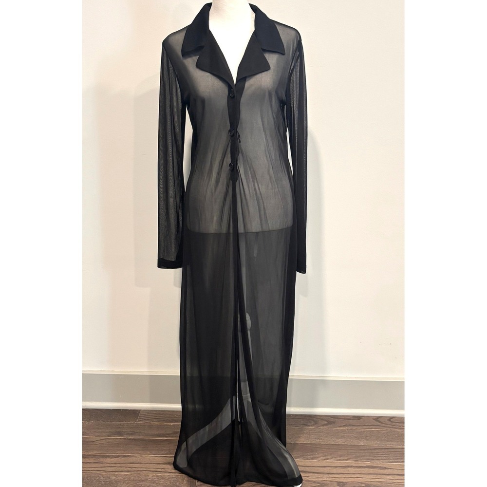 Vtg Breakin Loose Maxi Duster Dress 7/8 Sheer Mesh Button Up Goth Witchy 21378